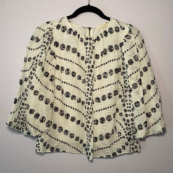 Marie Oliver Women's size XXS Harley White Black Linen Blend Puff Sleeve Blouse - Picture 2 of 11